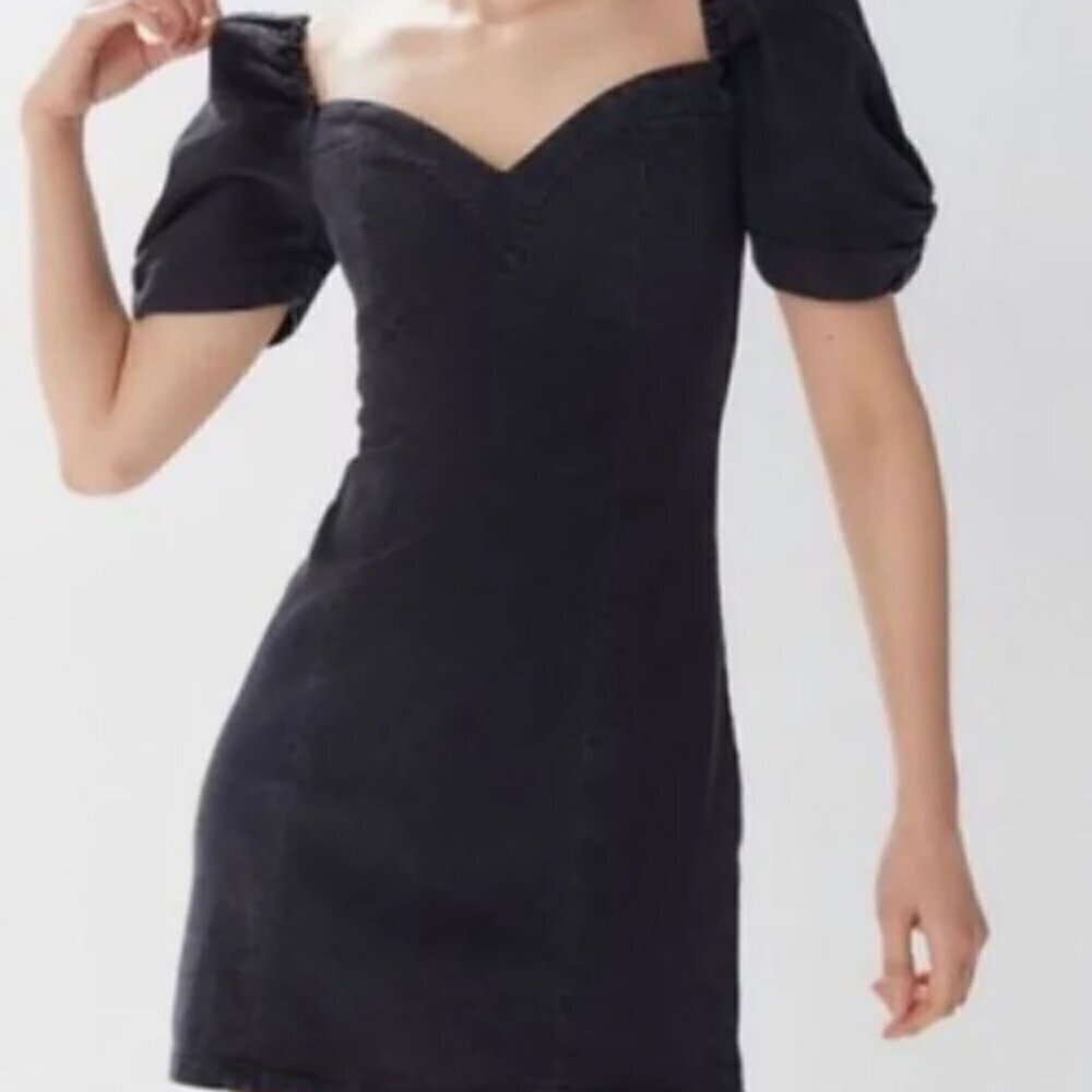 UO Urban Outfitters Chelsea Denim Puff Sleeve Mini Dress black S Small